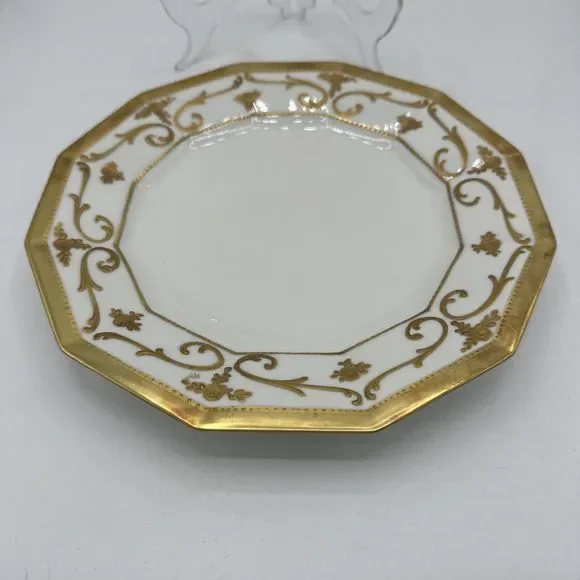 Antique Limoges Plate 9.25” Gold Trim France 12-sided Embossed Scroll - Picture 8 of 14